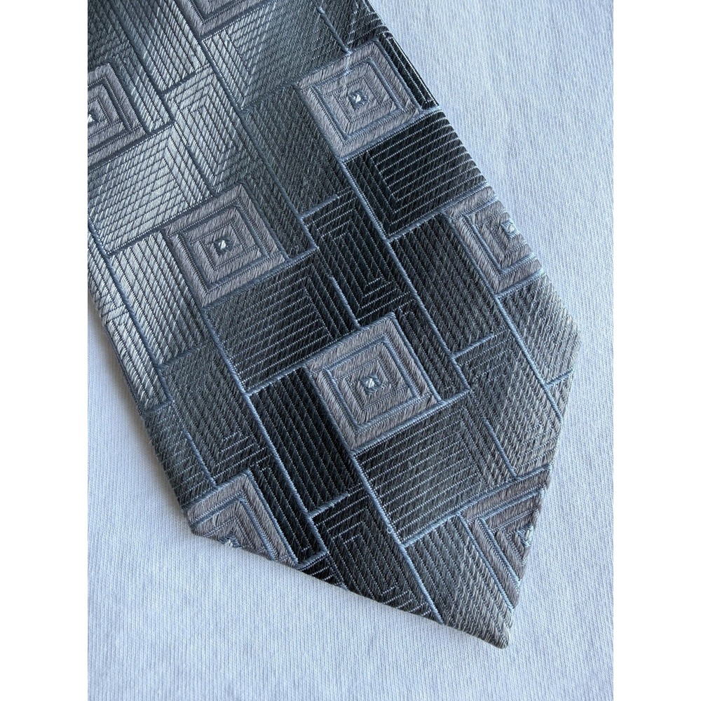 Villa Bolgheri Grey Blue Vintage Woven Jacquard Geometric 100% Silk Tie Necktie